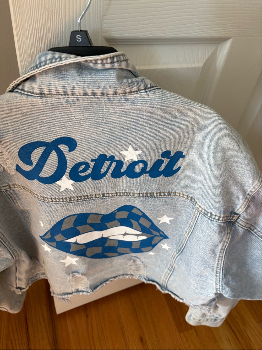 Light Blue Denim Jean Jacket with Detroit Script and Blue Lip Graphic